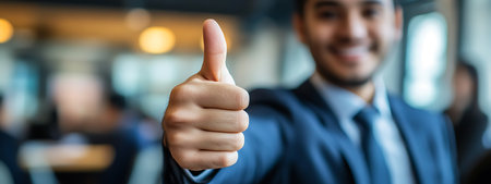 businessman showing thumbs up in the office, business success concept.の素材