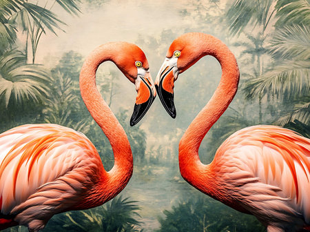 Two flamingos in the tropical forest. 3d render illustration.の素材