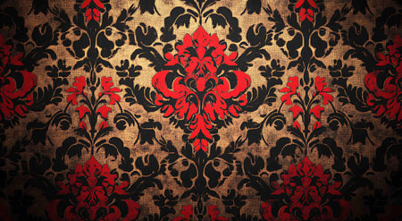 Vintage background with a pattern of red and black paisleyの素材