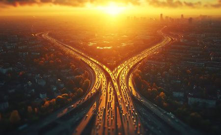 Aerial view of highway and city at sunset. 3D renderingの素材