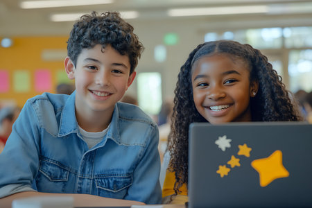 Portrait of smiling boy and girl using laptop in classroom at schoolの素材