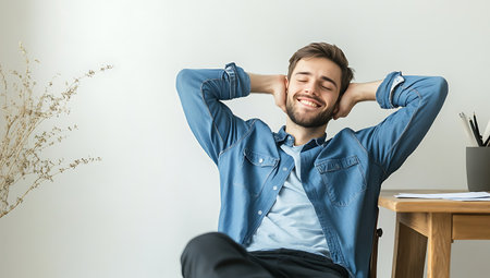 Handsome young businessman in casual clothes relaxing at workplace in officeの素材