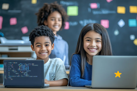 Portrait of smiling children using laptop at desk in classroom during lessonの素材