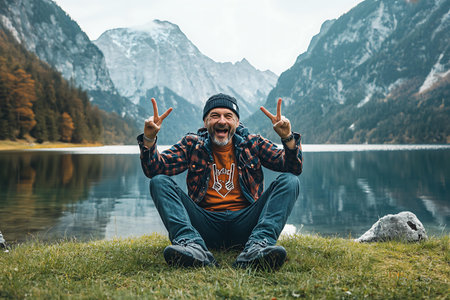 Hiker sitting on the shore of a mountain lake and showing peace signの素材