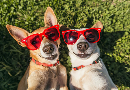 Two dogs in red sunglasses sitting on the grass and looking at the cameraの素材