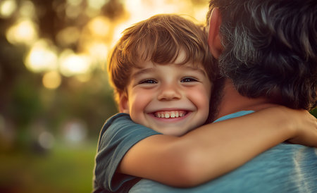 happy father and son hugging in the park on a sunny summer dayの素材