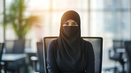Portrait of a young muslim businesswoman wearing hijab in officeの素材
