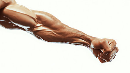 Fist of a muscular man on a white background. 3d renderingの素材