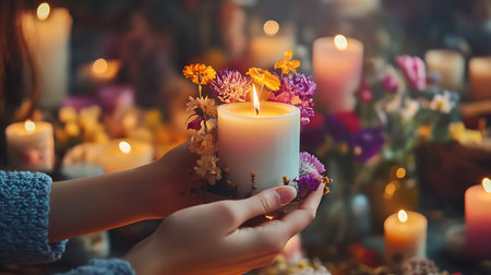 Close up of woman hands holding burning candle with flowers and candles on backgroundの素材