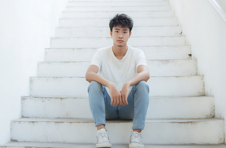 young asian man sitting on stairs in white t-shirt and jeansの素材