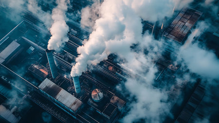 Aerial view of coal power plant with smoking chimney and smokeの素材