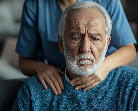 Senior man suffering from neck ache while sitting on sofa at homeの素材