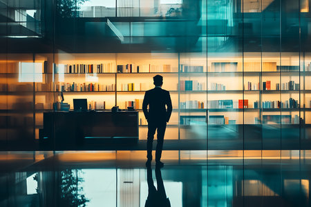 Businessman standing in modern office interior with bookshelves and reflections. Toned image double exposureの素材