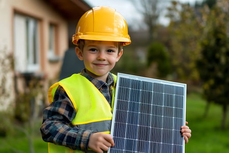 Portrait of a boy in a construction helmet holding a solar panelの素材