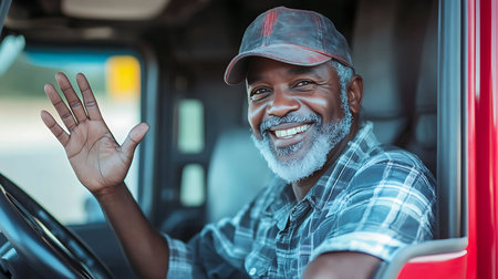 Portrait of smiling african american driver waving hand in carの素材