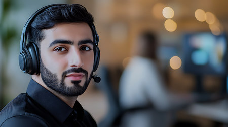 portrait of young call center agent in headset looking at camera in officeの素材