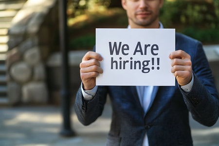 Businessman holding a sign with We are hiring. Recruitment concept.の素材