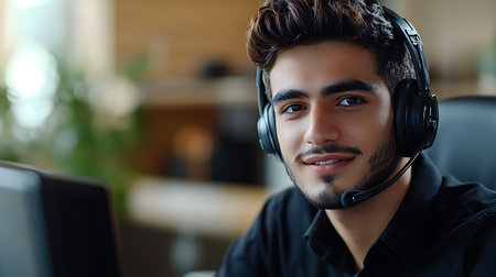 Portrait of a handsome young man wearing a headset and smiling while working in a call centerの素材