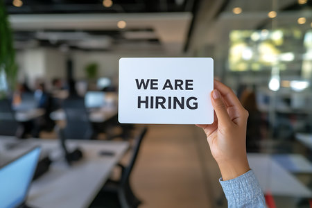 Hand holding a white card with text WE ARE HIRING.の素材