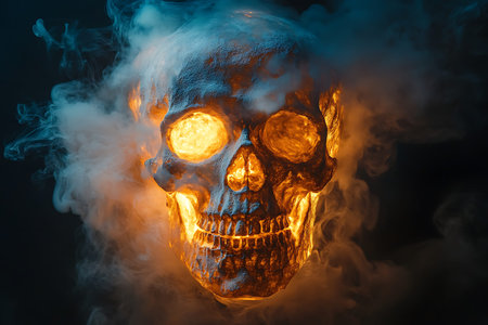 Skull with burning eyes and smoke on black background. Halloween concept.の素材
