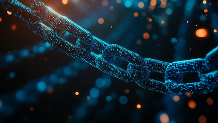 3D rendering of abstract digital chain with particles. Network connection conceptの素材