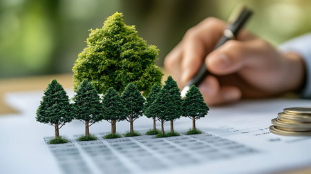 Businessman analyzing investment charts with growing trees. Business growth concept.の素材