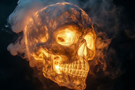 Skull with smoke and fire on black background. Halloween concept.の素材
