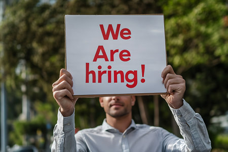 Young man holding a We Are Hiring sign in front of his faceの素材