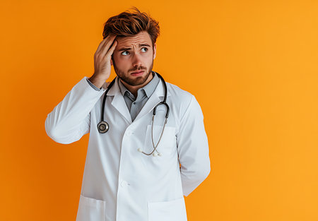 stressed doctor with stethoscope looking at camera isolated on yellowの素材