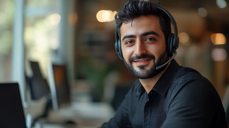 Portrait of happy male customer support phone operator with headset in officeの素材