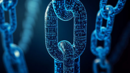 Digital chain with binary code on blue background. 3D illustration.の素材
