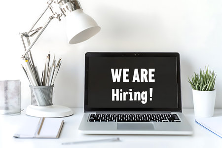 Laptop screen with WE ARE HIRING word on it.の素材