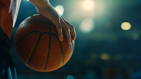 Basketball player in action. Close-up of male hands holding basketball ball on blurred backgroundの素材
