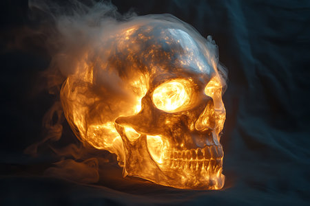 Skull with fire and smoke on dark background. Halloween concept.の素材