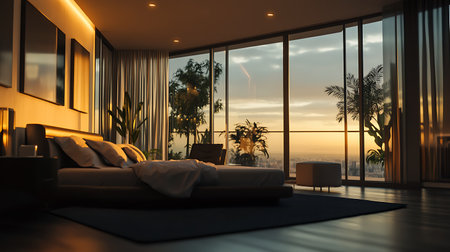 3d rendering of bedroom interior in the morning with sea view.の素材