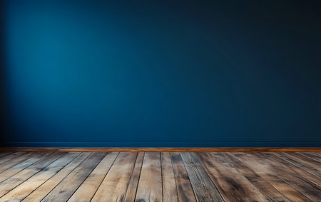 Blue wall and wooden floor. 3d illustration. Mock up.の素材
