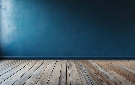 Blue wall and wooden floor. 3d render. Empty room.の素材