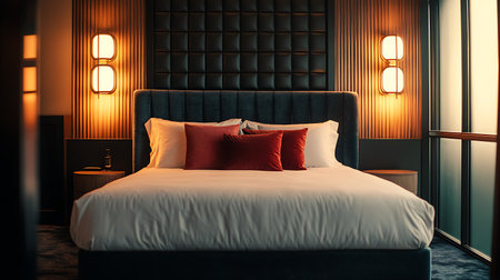 Interior of a hotel bedroom with double bed and two pillowsの素材