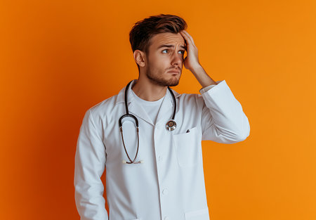 Portrait of young male doctor with stethoscope on orange backgroundの素材