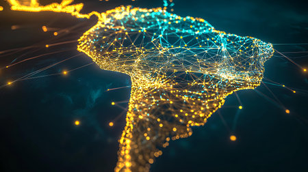 Map of South America on a technological background. 3D Renderingの素材