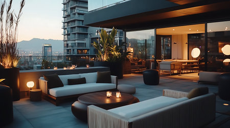 3d rendering of a modern hotel terrace with sofasの素材