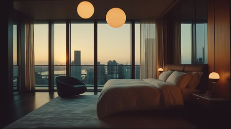 Luxury hotel bedroom interior with panoramic window and city view. 3D Renderingの素材