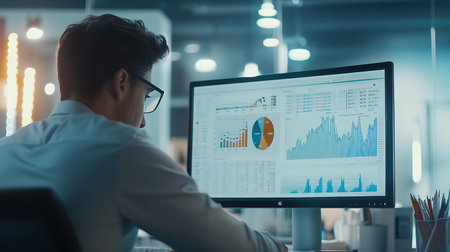 Businessman analyzing investment charts on computer screen in office. Side viewの素材