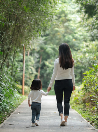 Mother and daughter walking in the park. The concept of family life.の素材