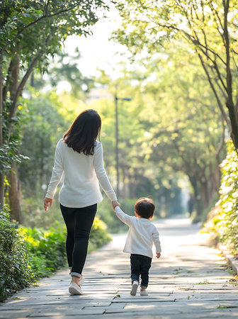 Mother and son walking in the park. Happy family lifestyle concept.の素材