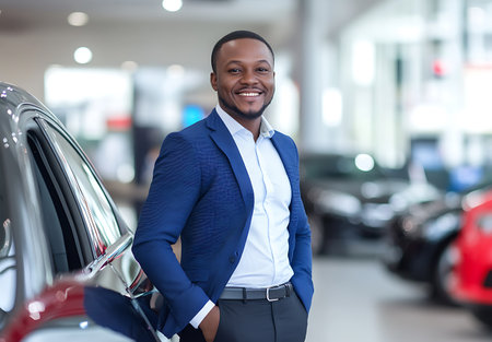 Portrait of happy african-american salesman standing near car in showroomの素材