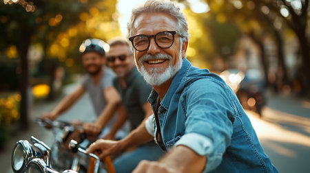 Portrait of smiling senior man in eyeglasses riding a bicycle with his friends.の素材