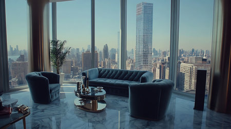 Living room with a large window overlooking the city. 3d renderingの素材