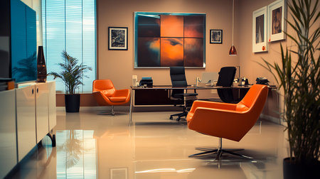 Interior of modern office with orange armchairs. 3D renderingの素材