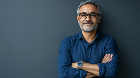 Portrait of handsome Indian man in blue shirt and eyeglassesの素材